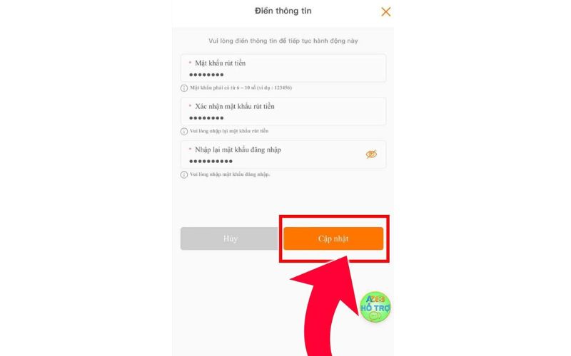 Thêm mật khẩu rút tiền