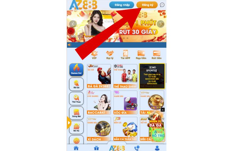 Truy cập trang chủ chính thức của AZ888 và bấm đăng ký